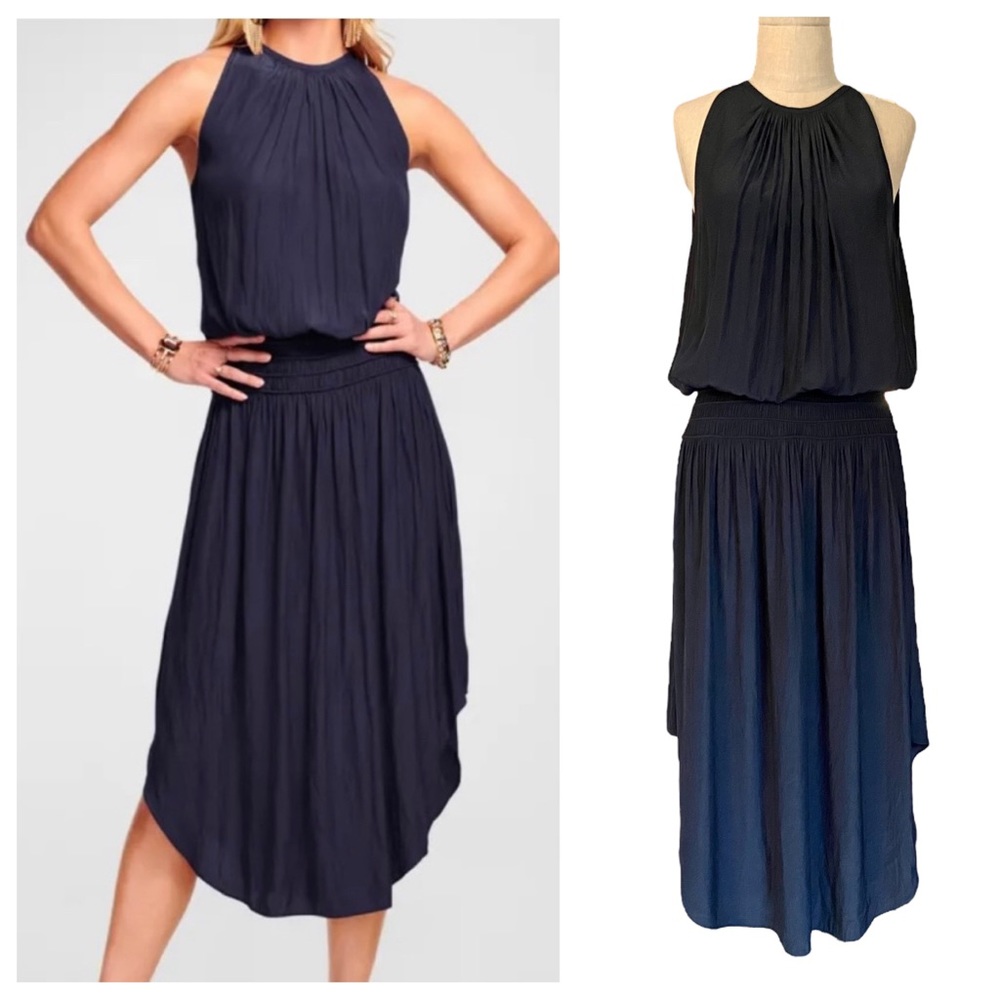 Ramy Brook Audrey Sleeveless Blue Halter Dress Smocked Waist Formal Midi Large